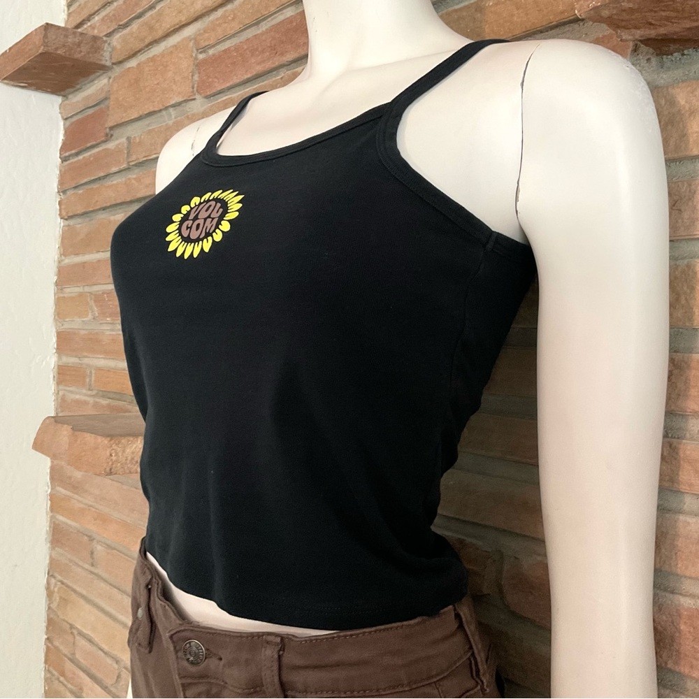 Volcom Black Cotton Cropped Tank Sunflower Graphic Small